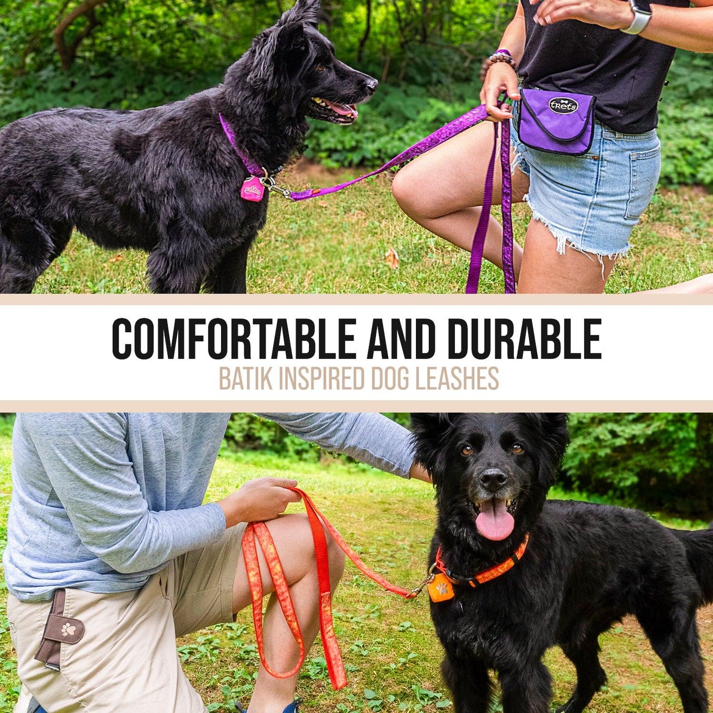 Black dog wearing Woofhoof batik leashes