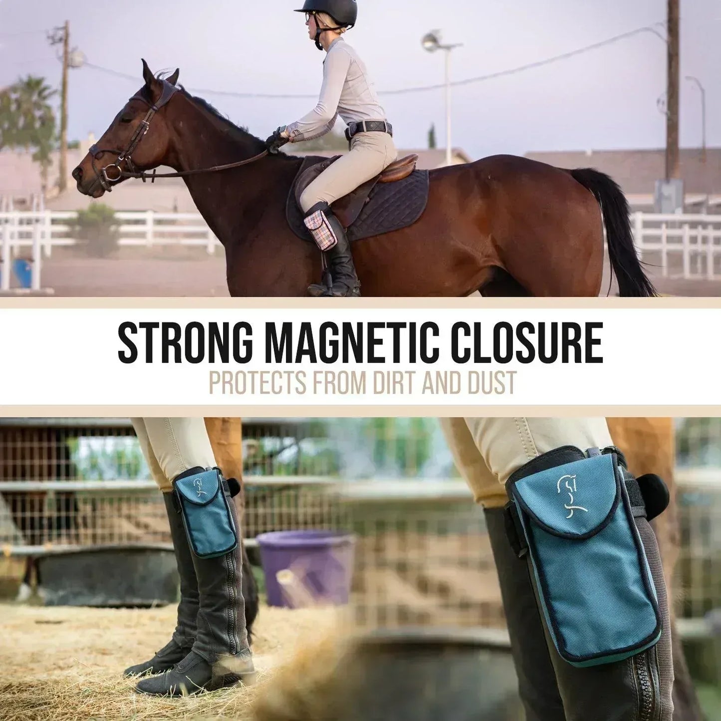 Teal equestrian cell phone holder shown with woman on a brown horse