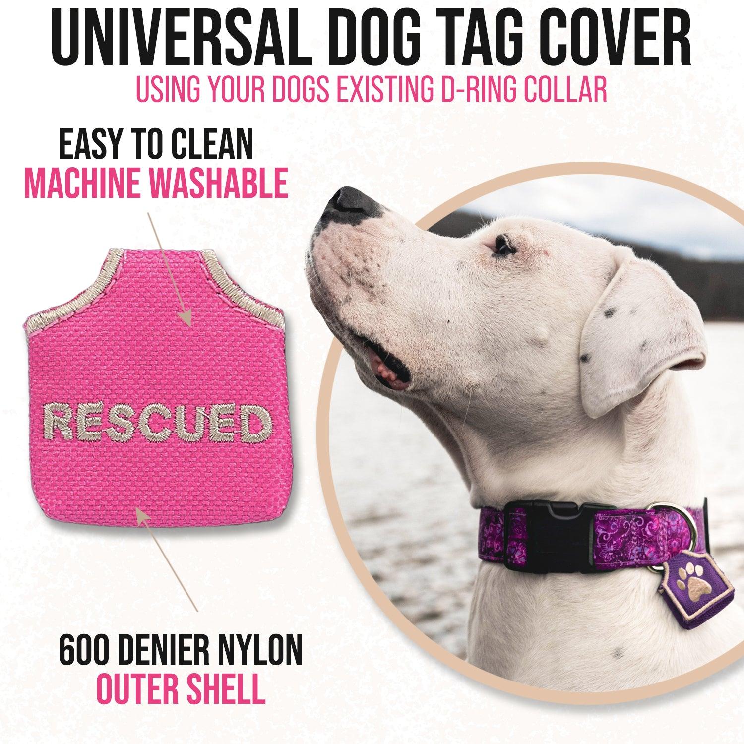 Pink dog tag silencer and while dog with purple pet tag cover