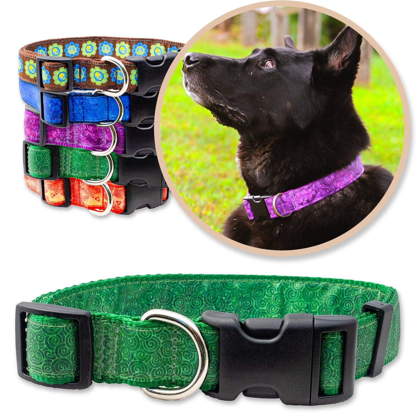 Green batik inspired dog collar shown with a black dog