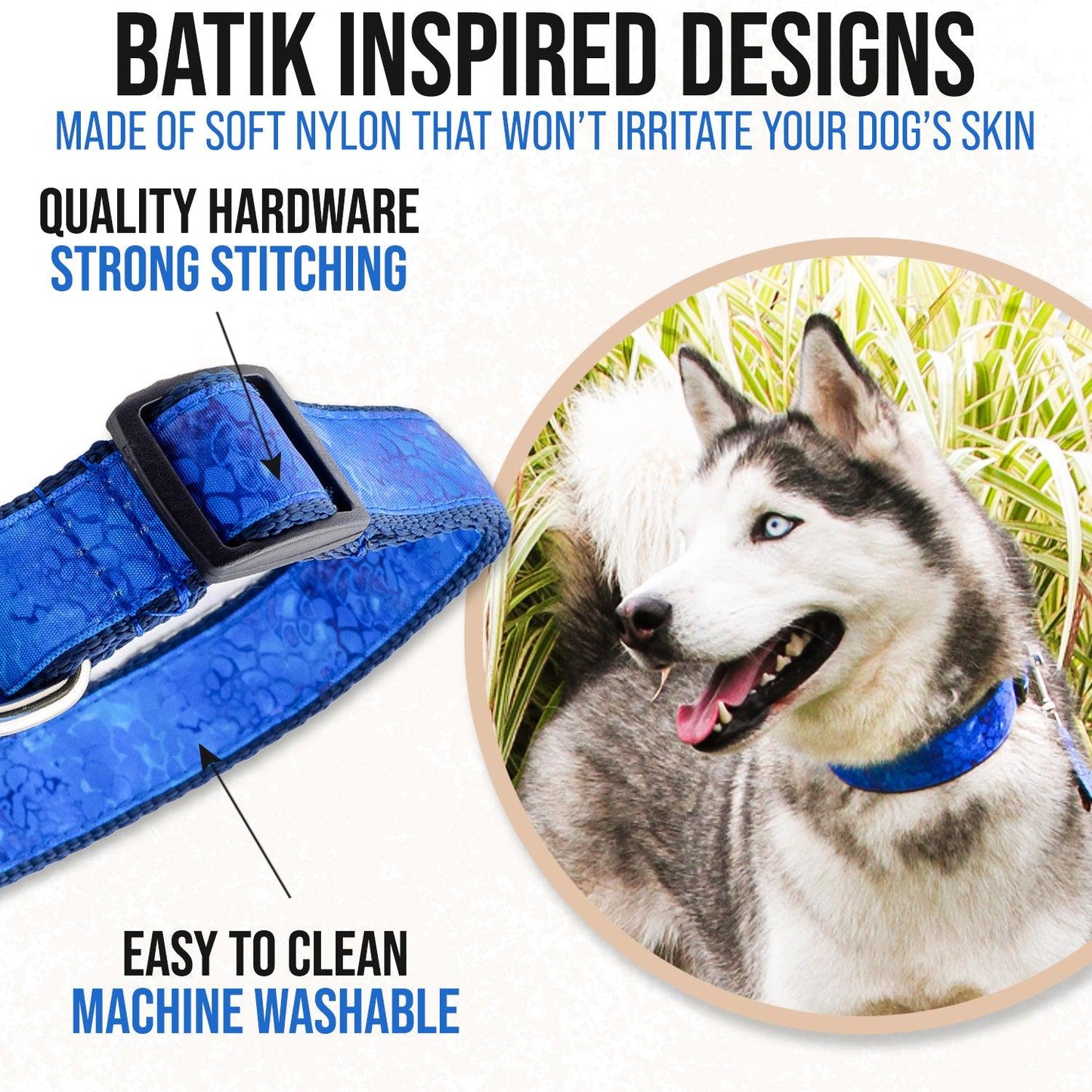 Blue batik inspired dog collar shown on a Siberian Husky
