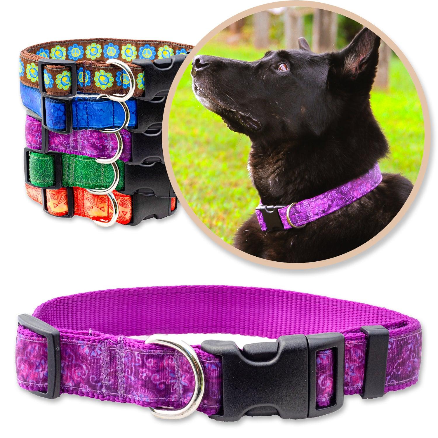 Purple batik inspired dog caller shown on a black dog