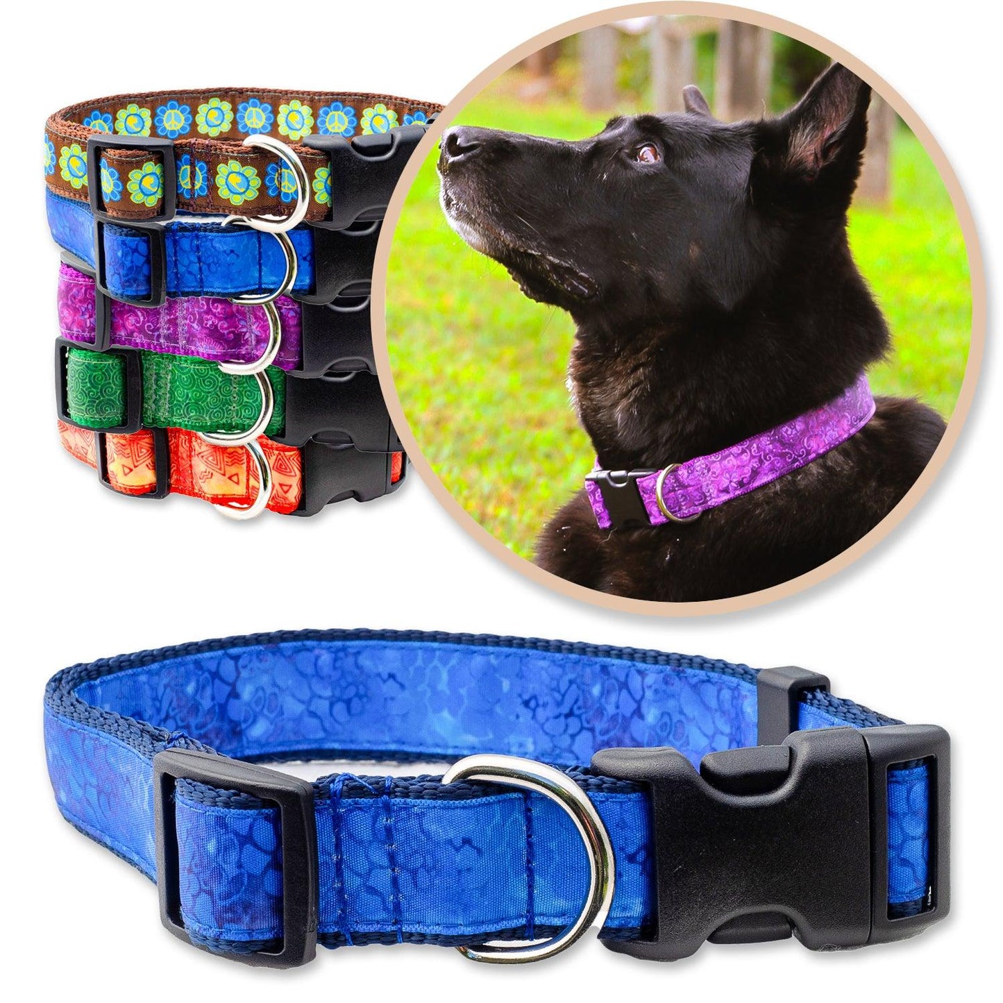 Blue batik inspired dog collar shown with a black dog