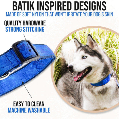 Blue Batik Inspired Dog Collar shown with white dog