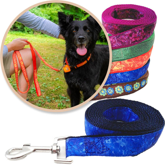 Blue batik inspired leash shown with a black dog and variety of colors and styles