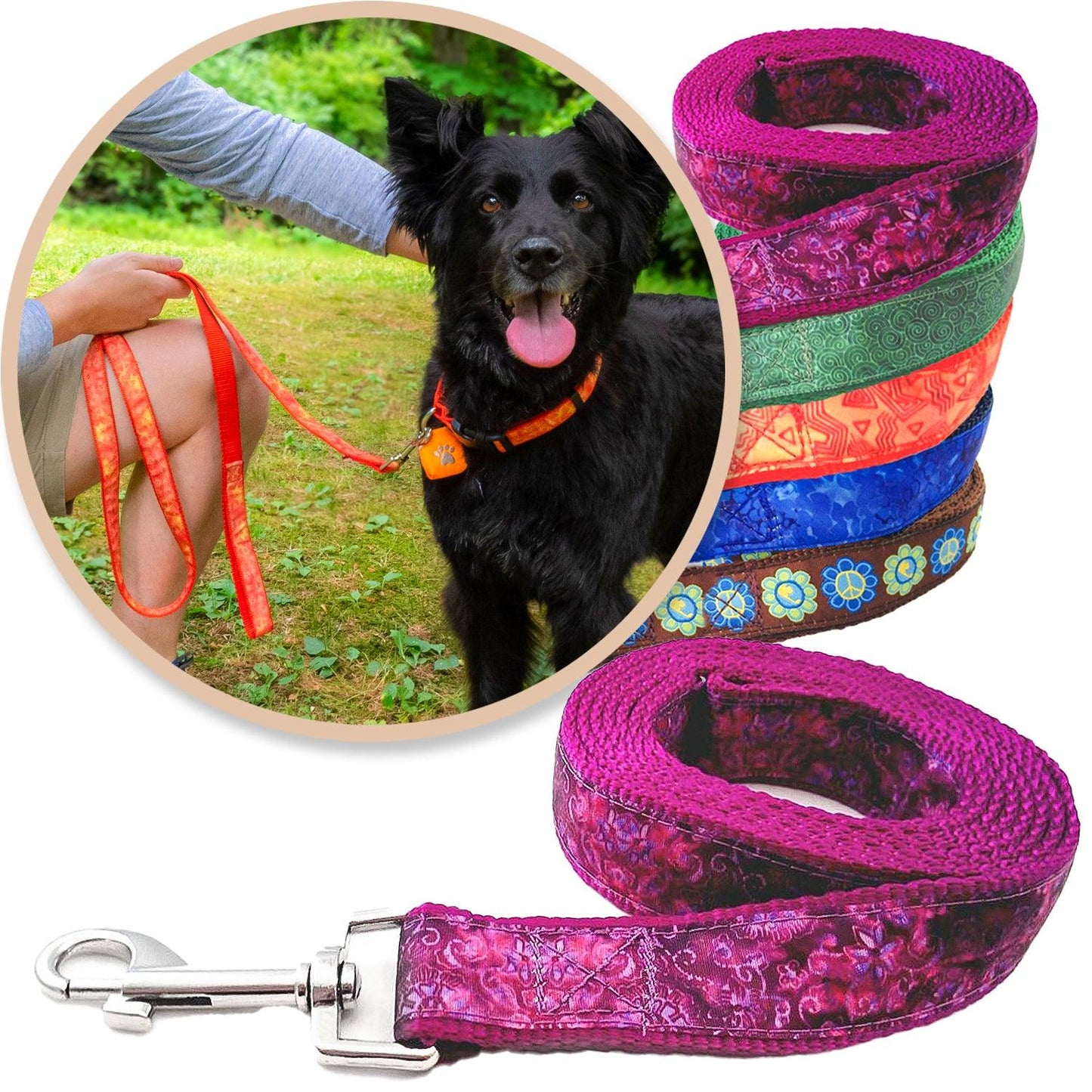 Purple batik inspired leash shown with a black dog and variety of colors and styles
