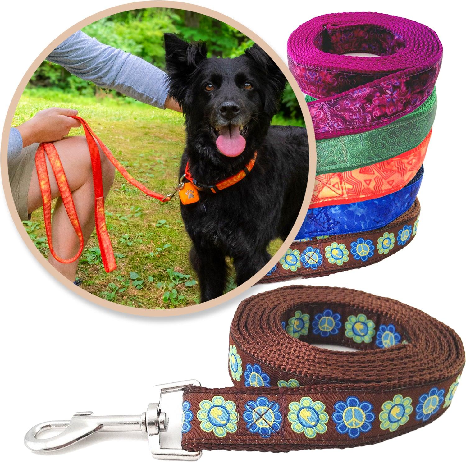 Brown batik inspired leash shown with a black dog and variety of colors and styles
