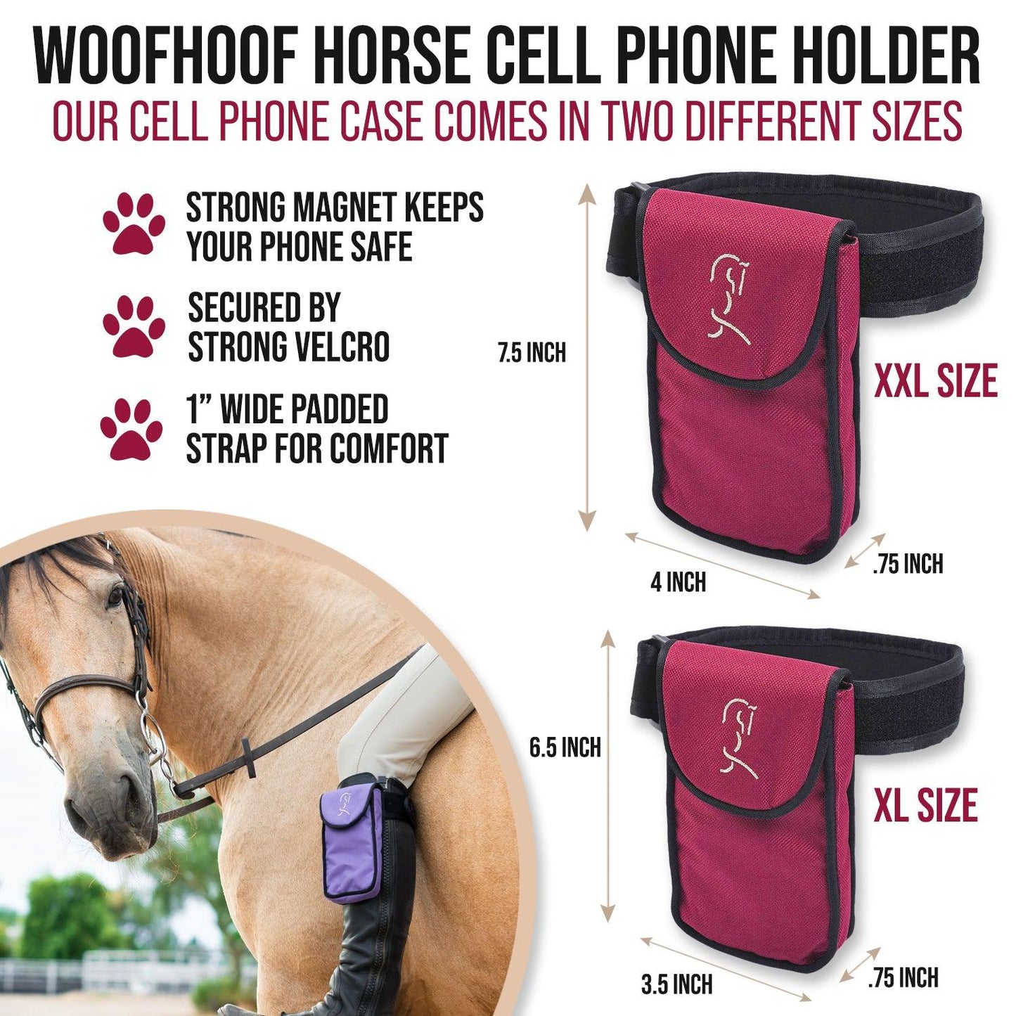 Burgundy horse cell phone case shown with two different sizes, extra large and extra extra large