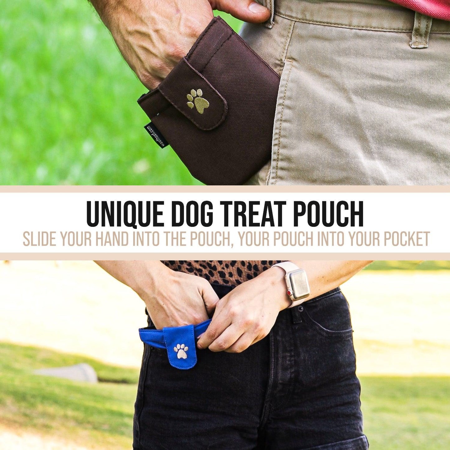 Brown and Blue dog pocket treat pouches with instructions