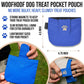 Blue pocket treat pouch with measurements and features