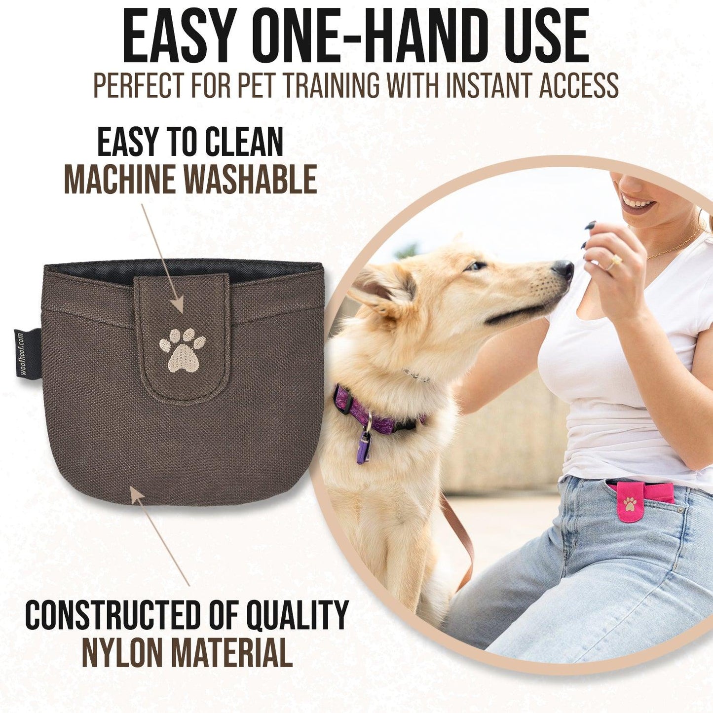 Brown dog pocket treat pouch with features and benefits