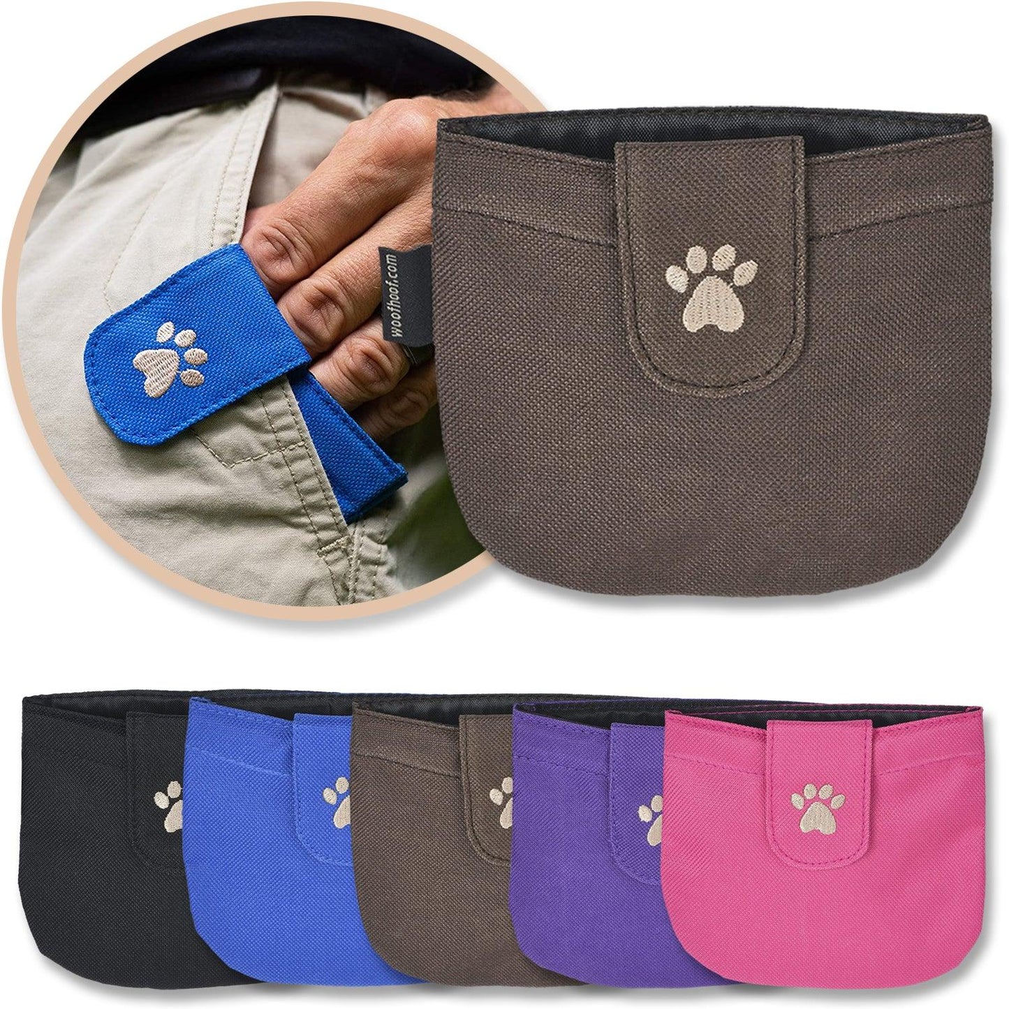 Brown pocket treat pouch shown with a variety of five colors