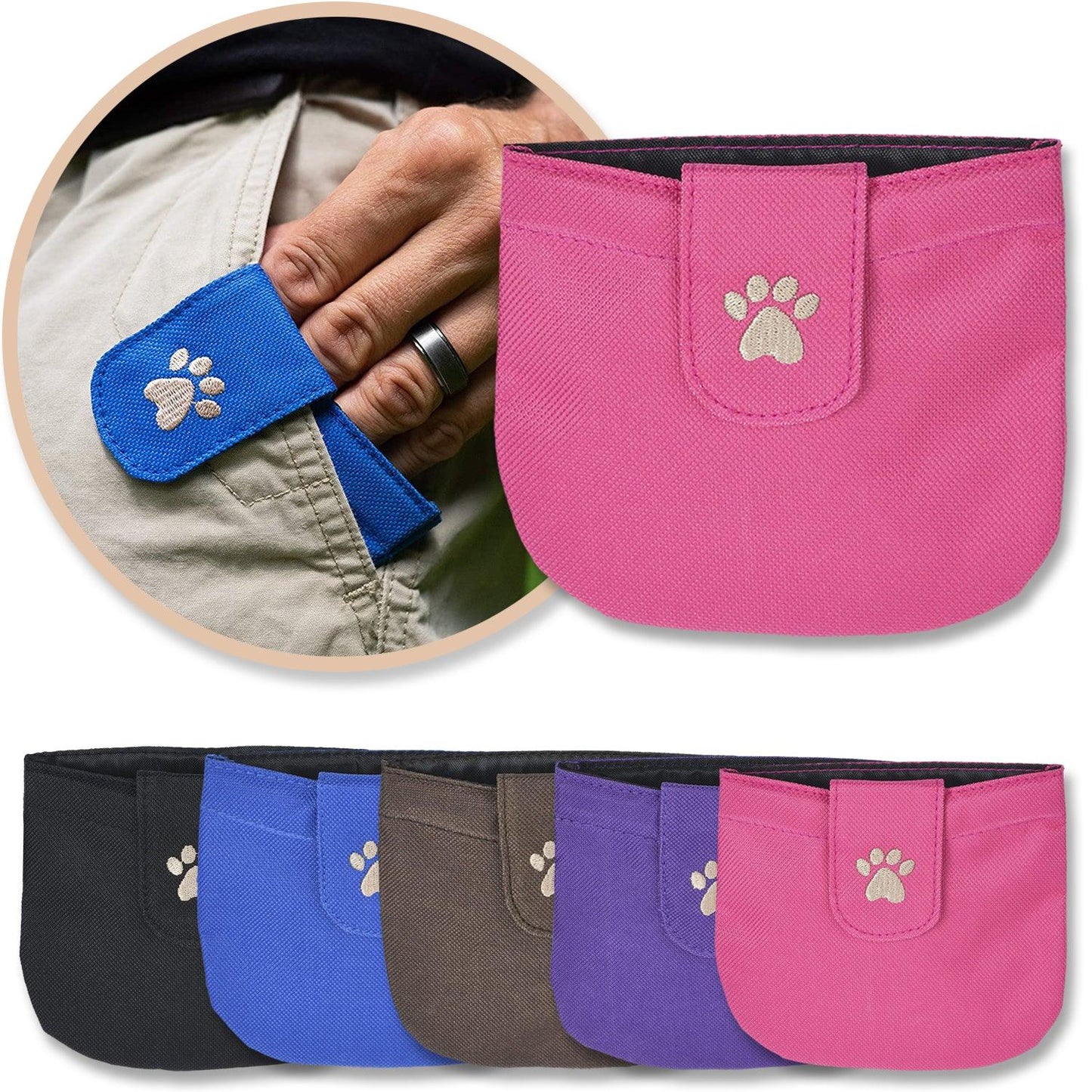 Pink pocket treat pouch shown with a variety of five colors