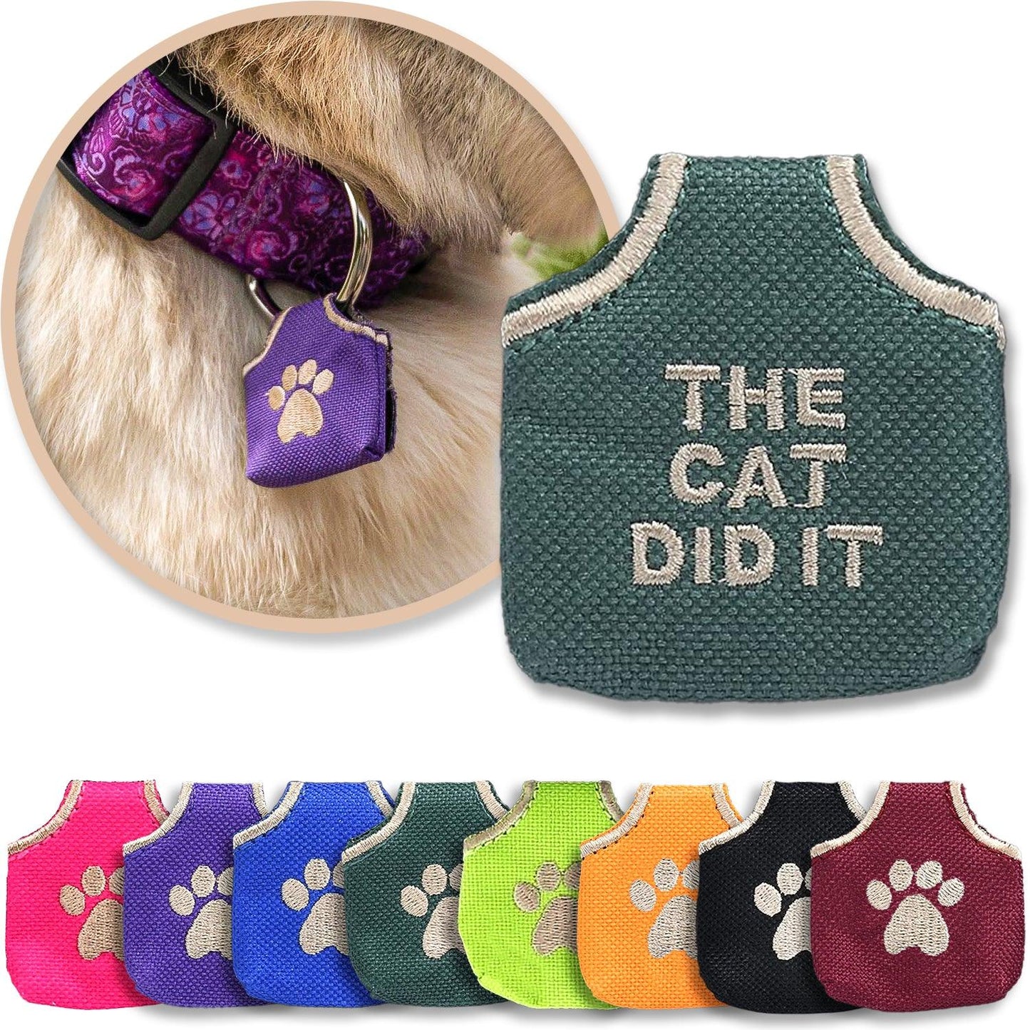 Green 'the cat did it' dog tag cover