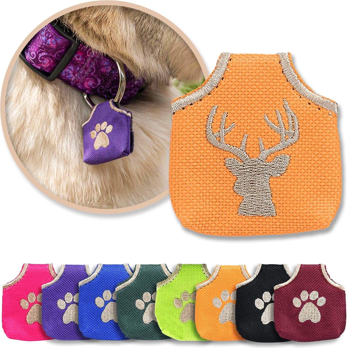 Orange 'Deer Head' dog tag cover shown with other colors