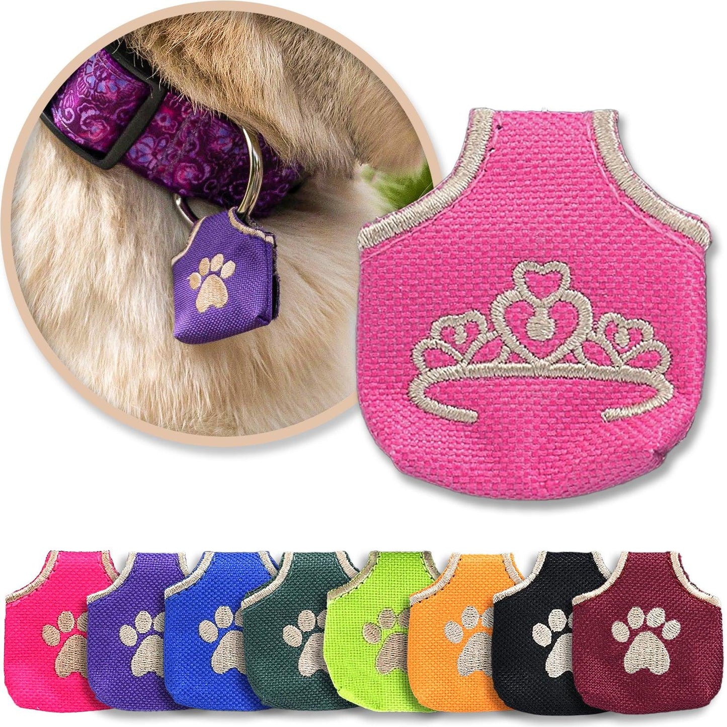 Pink 'princess' dog tag cover shown with other colors