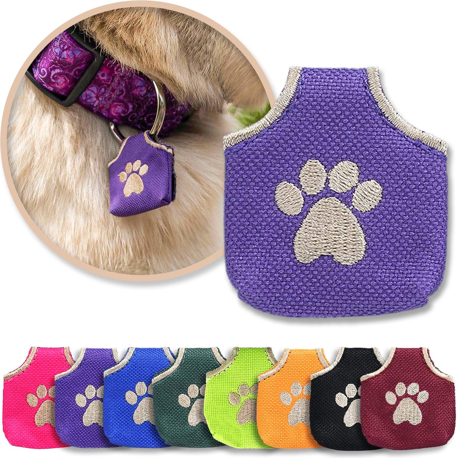 Purple pet tag silencer shown with other color options