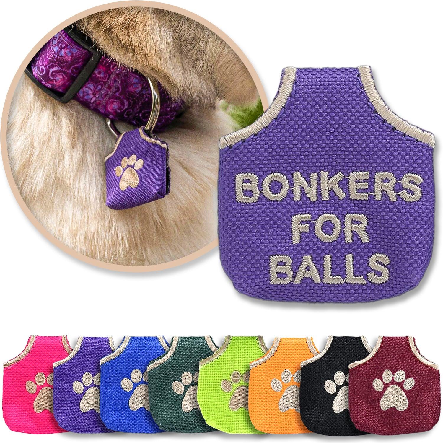 Purple 'Bonkers for Balls' pet tag silencer shown with other color options