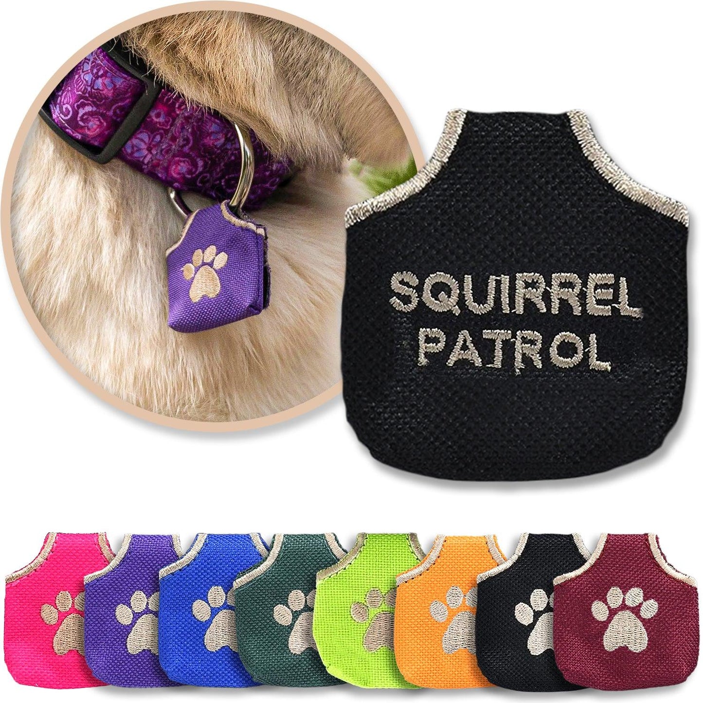 Black 'Squirrel Patrol' dog tag silencer shown with multiple colors