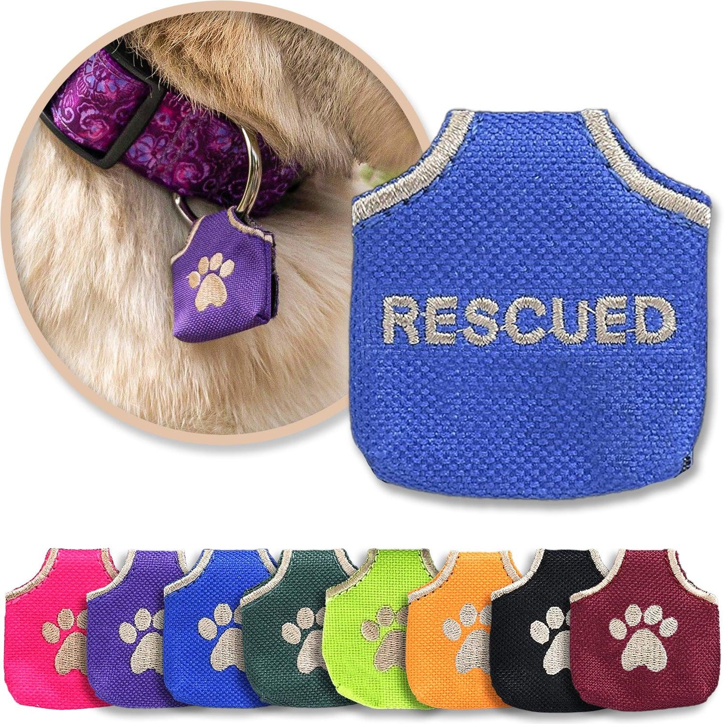 Blue 'rescued' dog tag silencer shown with other colors