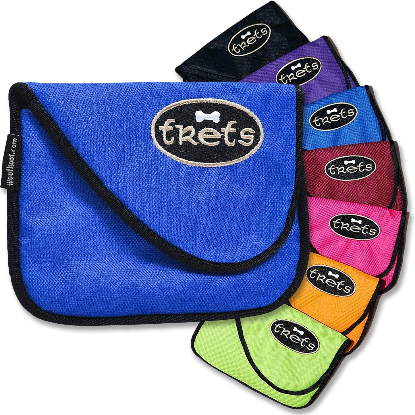 Blue bag for dog treats shown with multiple color options
