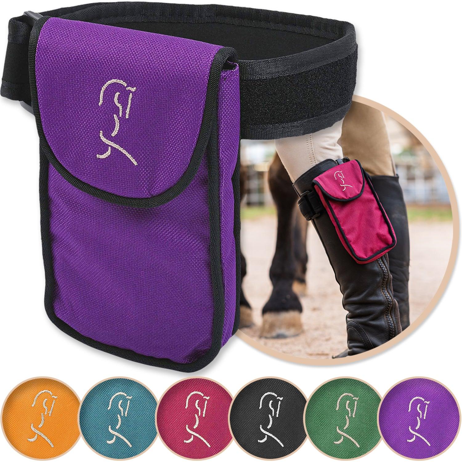 Purple equestrian cell phone holder shown with a variety of colors