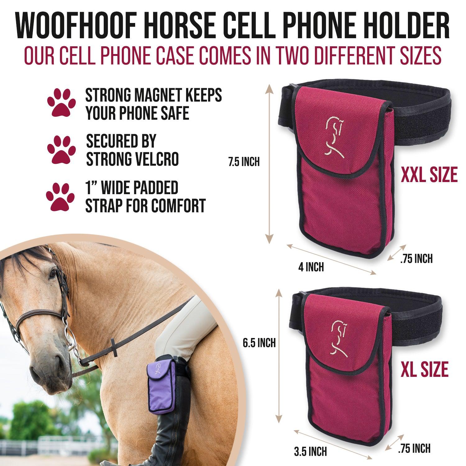 Burgundy horse cell phone case shown with two sizes and a tan horse
