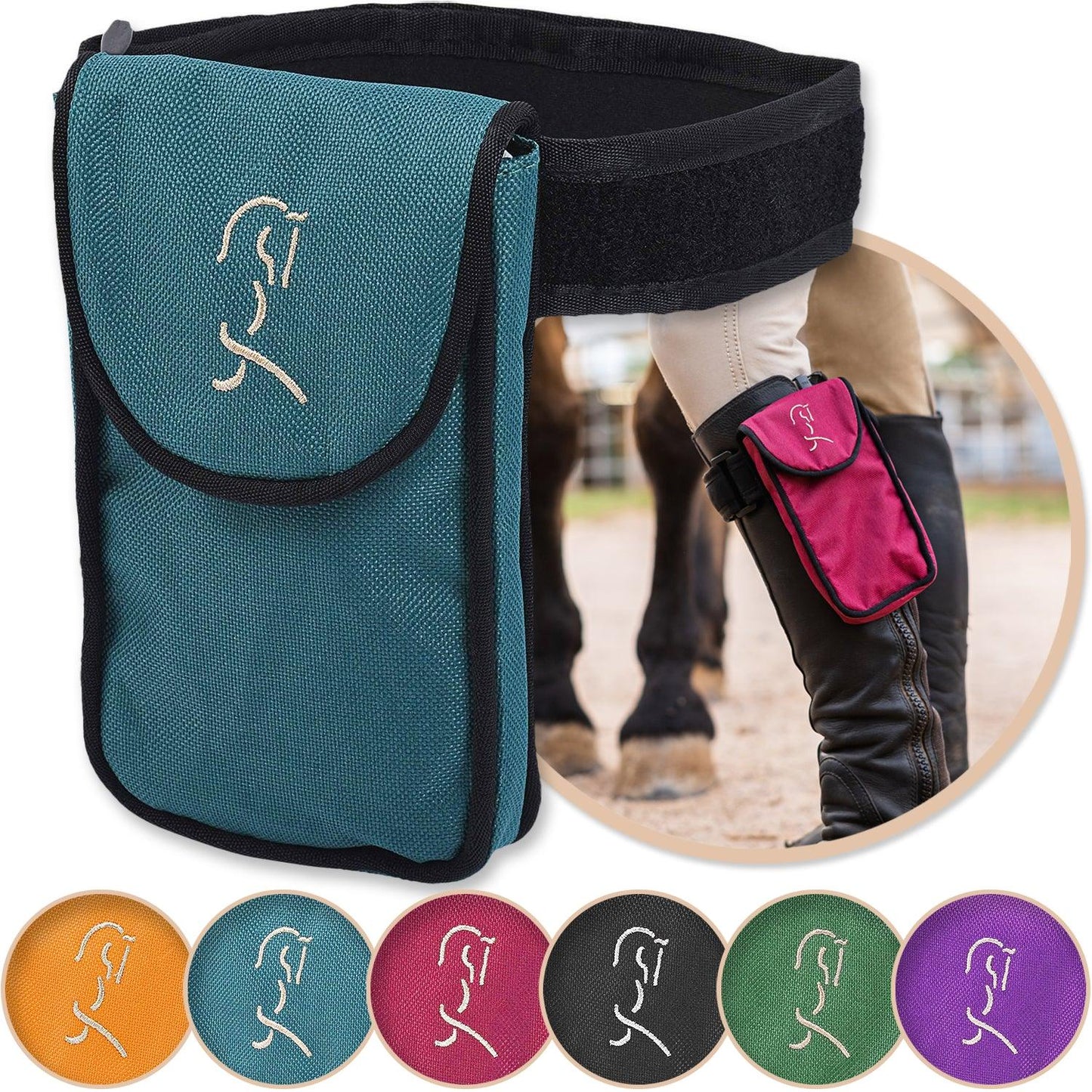Teal equestrian cell phone holder shown with a variety of colors