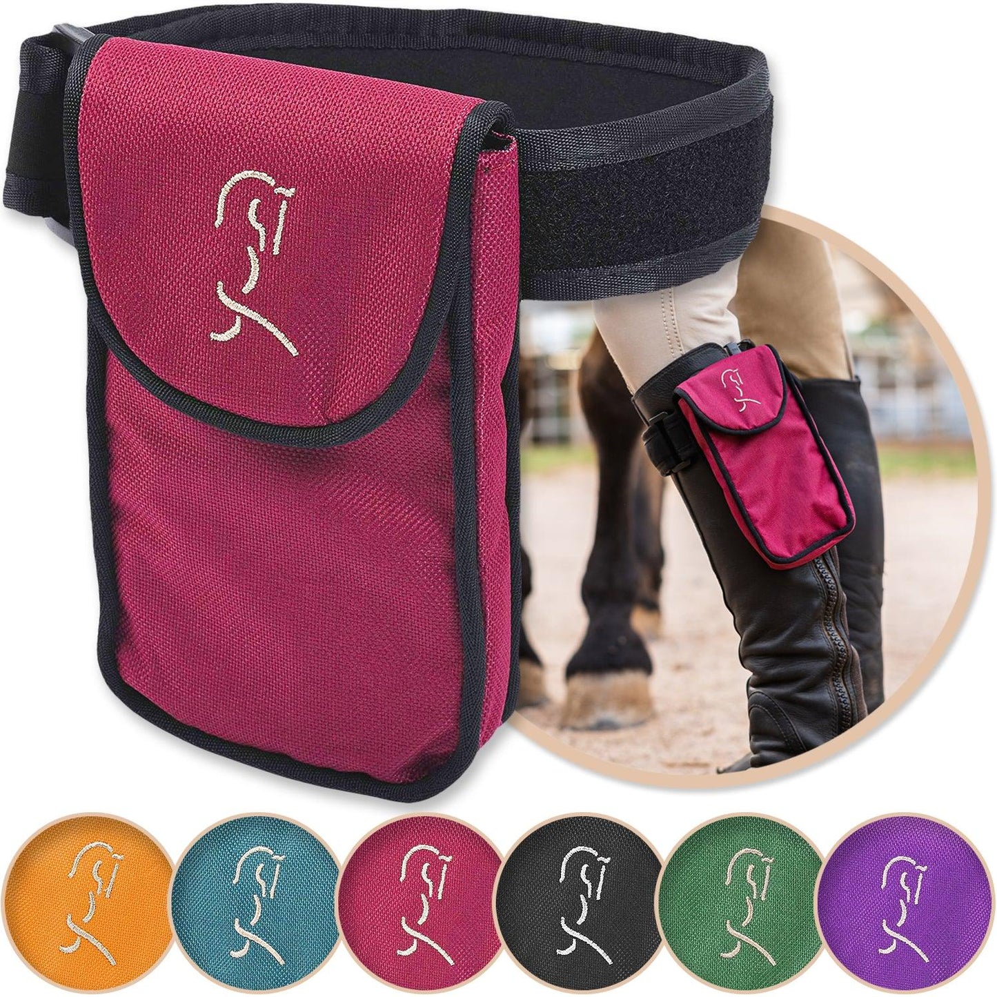 Burgundy equestrian cell phone holder shown with a variety of colors
