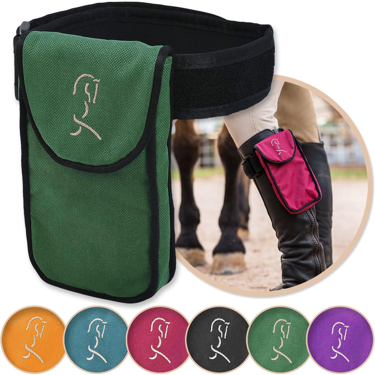 Green equestrian cell phone holder shown with a variety of colors